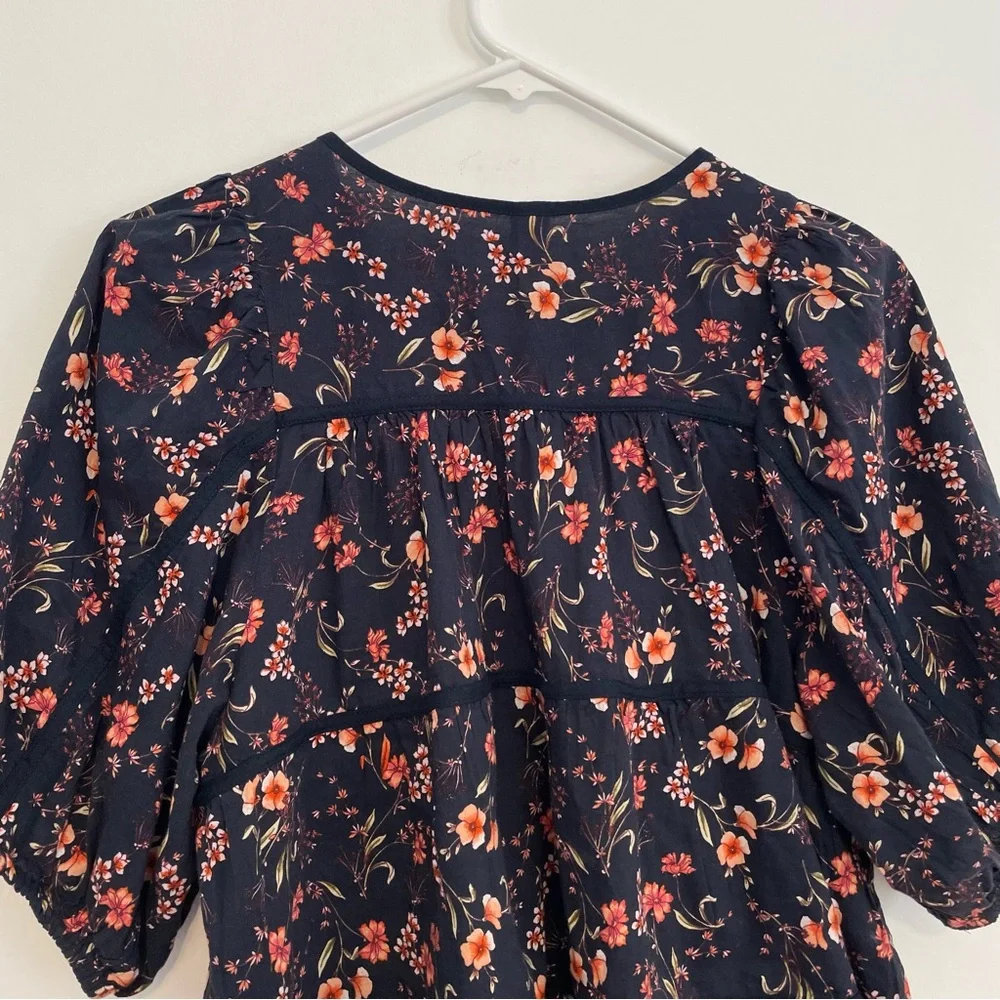 OLD NAVY Puff Sleeve Floral Tiered Swing Blouse Navy Blue Short Sleeve Peasant S